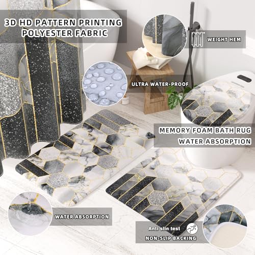 XLHOMO Bathroom Set - 26PC Bathroom Set with Shower Curtain and Rugs, Bathroom Accessory Set, Grey Bathroom Accessories Set, Trash Can & Soap Dispenser - style: Grey&Gold