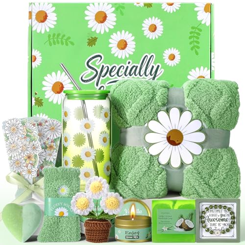 Self Care Gift Basket for Women with Blanket & Tumbler, Daisy Spa Gift Box | Birthday,Get Well Gifts for Women,Thinking of You Gifts Set for Mom, Wife, Sister, Best Friend