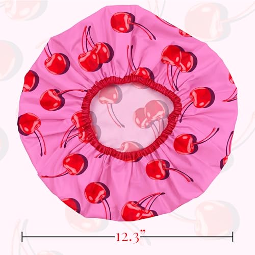 Betty Dain Reusable Bath and Shower Cap, Oversized Waterproof Shower Cap for All Hair Lengths, Frosted PEVA Lining, Elastic Stretch Hem, Ruched with Satin Bow, Cherry Bomb - color: Cherry Bomb