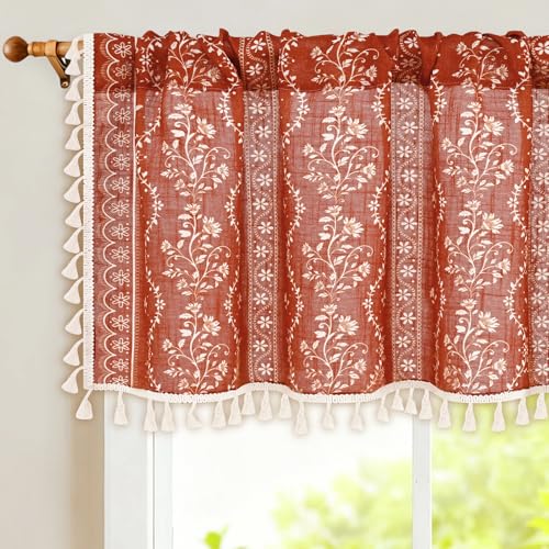 Yinhua Boho Valance Curtains Vintage Linen Kitchen Valances for Windows Light Filtering Floral Valance Rod Pocket Farmhouse Rustic Tassel Window Valances for Bathroom Cafe, 52" W X 18" L, Terracotta - color: Terracotta, size: 52"W x 18"L (Pack of 1)