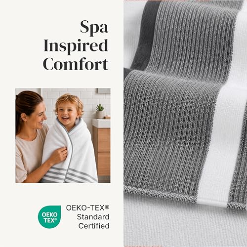 Modern Threads 6-Piece Towel Set – 100% Cotton, Quick Dry, Ultra Absorbent – Includes 2 Bath, 2 Hand, 2 Washcloths (White/Reinhart Charcoal) - color: Grey, style: Classic Stripe