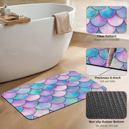 Diatomaceous Earth Bath Mat,Mermaid Scale Colorful Bath Rugs,Non-Slip Thin Absorbent Fast Drying Easy to Clean for Bathroom Laundry Home Kitchen Door Mat 17x29.5Inch - color: Mermaid Scale Colorful