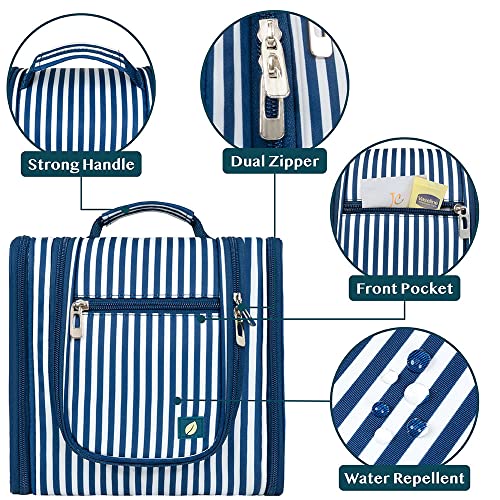 PAVILIA Toiletry Bag Travel Bag for Women Men, Hanging Cosmetic Organizer, Water Resistant Makeup Bag for Accessories Toiletries, Large Travel Essentials Kit (Stripe Navy) - color: Stripe Navy, size: Standard (9x4x9)