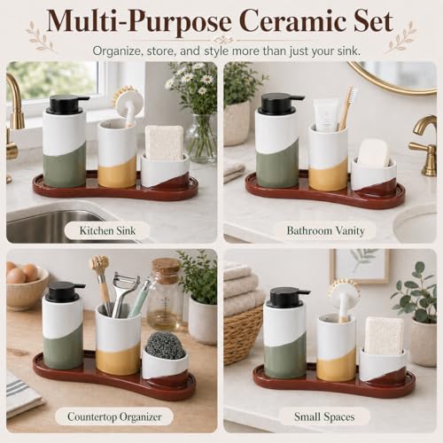 Bosilunlife Ceramic Soap Dispenser Set with Sponge Cup, Brush Cup & Tray | 4-Piece Ceramic Set Includes 12 Oz Foam Soap Dispenser, Sponge Cup, Brush Holder and Tray for Kitchen or Bathroom Counters. - size: Foam Pump