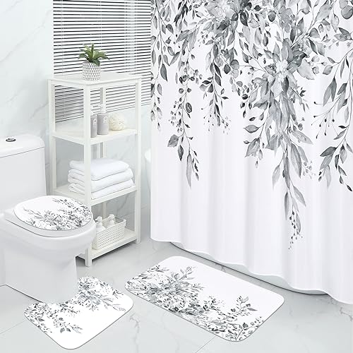 MitoVilla 4 Pcs Grey Eucalyptus Bathroom Sets with Shower Curtain and Rugs, Rustic Floral Shower Curtain Sets for Chic Bathroom Decor, Bathroom Decor Curtain Sets with Mats and Accessories - color: Grey