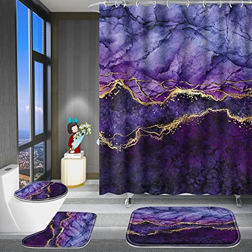 Poedist 4 Pcs Gold Edge Marble Bathroom Shower Curtain Set, Bathroom Sets with Shower Curtain and Rugs(Bath Mat,U Shape and Toilet Lid Cover Mat) and 12 Hooks-Purple - color: Purple Yellow