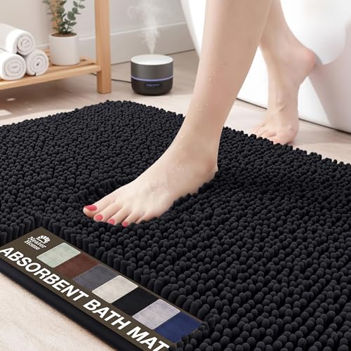 Neater Home Plush Bathroom Rugs 24x17 Thick Chenille Quick Dry Microfiber Absorbent Bath Mat, Soft Bath Rugs, Machine Washable Bathroom Floor Mat for Tub Shower Sink, Home Decor Accessories, Black - color: Black, size: 24" x 17"