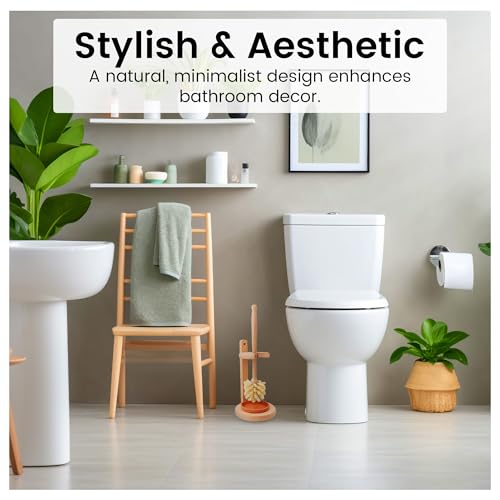 ELDR Supply Toilet Bowl Cleaner Brush with Holder, 14 Inch Extra Long German Beechwood Handle, Strong Hemp Bristles, Ceramic Drip Tray, Biodegradable