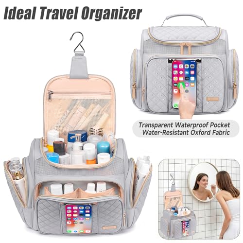 Tealari Large Toiletry Bag for Women Men,Bathroom Bag,Water Resistant Shower Bag,Makeup Bag,Portable Shower Caddy for College Dorm,Hanging Travel Toiletry Bag with Transparent Waterproof Phone Pocket - color: Light Gray-1
