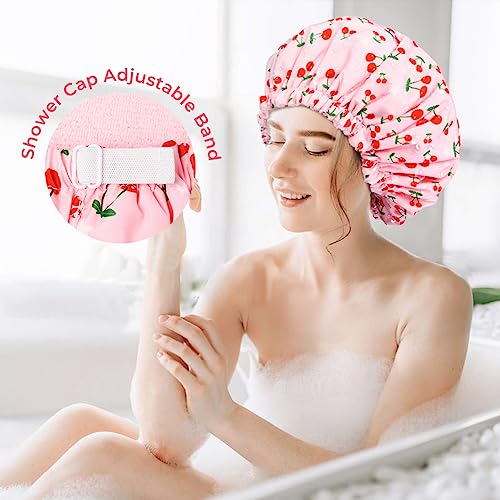 Shower Cap for Women Terry Lined Bath Cap Large Reusable Waterproof Elastic Band Pink Shower Caps for Long Thick Hair Soft Bath Shower Hair Caps - color: Pink Cherries