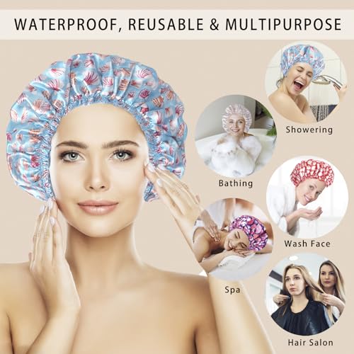 Shower Caps for Women, 4 PCS Elastic and Reusable Bath Caps, Double Layers Shower Cap Reusable Waterproof, Bathing Shower Caps, Environmental Bath Hair Protection Cap - Shell - color: Shell
