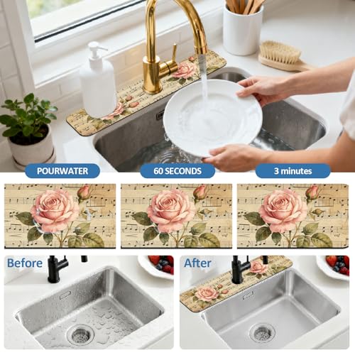 2 Pcs Kitchen Sink Splash Guard Faucet Mat Retro Sheet Music Flowers Pattern Faucet Mat for Sinks Flower Absorbing Drying Mats for Kitchen Bathroom - color: Music Flowers Pattern