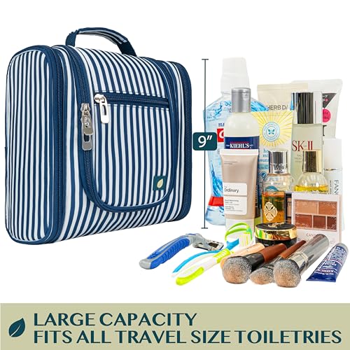 PAVILIA Toiletry Bag Travel Bag for Women Men, Hanging Cosmetic Organizer, Water Resistant Makeup Bag for Accessories Toiletries, Large Travel Essentials Kit (Stripe Navy) - color: Stripe Navy, size: Standard (9x4x9)