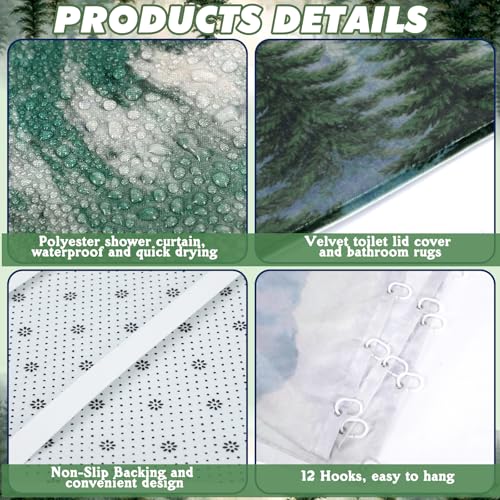 FuWeave 8 Pcs Green Forest Shower Curtain Set for Bathroom Decor Include Nature Misty Mountain Woodland Shower Curtain Towels Non Slip Rugs Toilet Lid Cover Bath Mat and 12 Hooks for Bathroom Decor - color: Green Forest