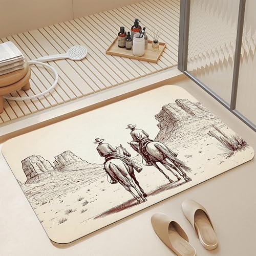 Bathroom Floor Mat,Western Cowboy Bathroom Rugs,Quick Dry Rustic Farmhouse Diatomaceous Bath Mat,Non Slip Super Absorbent Soft Floor Mat for Home Kitchen Dorm Patio 17 X 29.5 Inch - color: Western Cowboy