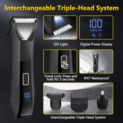 Manscape 4-in-1 Men's Body & Beard Trimmer - Groin, Pubic, and Ball Hair Shaver with No-Nick Technology, 20-Length Adjustable Beard Styler, Nose Trimmer, IPX7 Waterproof, LED Display, Travel Case - color: Tuxedo Black