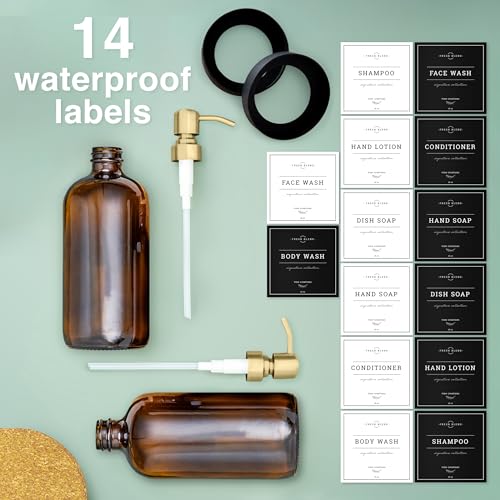 Vine Creations Amber Glass Soap Dispenser, 2 Pack Kitchen Soap Dispenser Set with Stainless Steel Pump, 16 oz Hand Soap and Dish Soap Dispensers for Kitchen or Bathroom with Waterproof Labels - color: Amber Bottle / Brushed Gold Pump