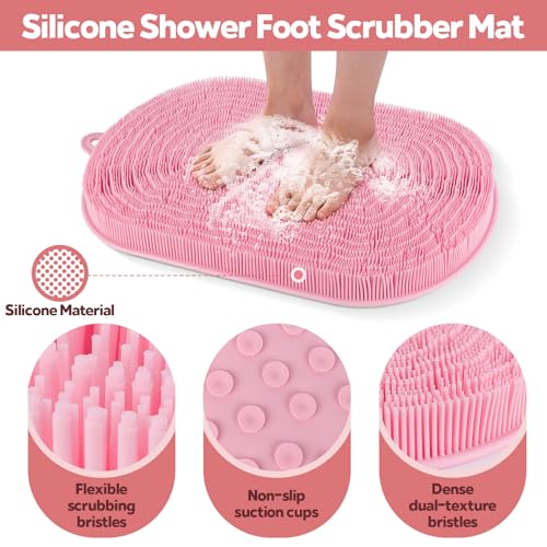 21"×14" Large Shower Foot Scrubber Mat, Silicone Feet/Back Exfoliating Cleaner with Suction Cups, Foot Massage Bath Pad for Dead Skin Removal, No Bending Over Soft Bristle Bath Mat - size: 21"×14"