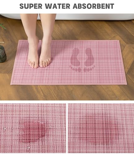 YIHOUSE Bathroom Rugs Sets 5 Pieces, Pink Ultra Thin Bath Mats Fit Under Door, Absorbent Quickly Dry Rubber Backing Braided Bath Mat Set, Non Slip Washable Bath Rugs for Bathroom Floor, Pink - color: Pink Multi, size: 5pieces