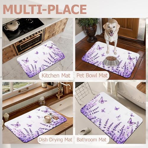 Diatomaceous Earth Bath Mat, Lavender Butterfly Bath Rugs, Purple Non-Slip Thin Absorbent Fast Drying Easy to Clean for Bathroom Laundry Home Kitchen Door Mat 17x29.5Inch - color: Lavender Butterfly,purple