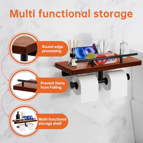 Toilet Paper Holder with Wood Shelf, Wall Mount Toilet Paper Roll Holder with Wooden Shelf and Matte Black Stainless Steel Pipe, Tissue Roll Holder for Bathroom Washroom (Dark Brown, 13.8'' x 5.9'') - color: Dark Brown, size: 13.8'' x 5.9''
