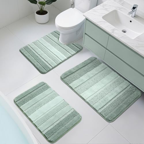 Kmson 3 Pcs Ombre Chenille Bathroom Rugs Set, Non-Slip Ultra Soft Washable Shaggy Bath Rugs for Bathtub, Thick Water Absorbent Microfiber Shower Mat Green - color: Light Green Rug, size: 17" x 24" + 20" x 32" + U Shape 24" x 20"