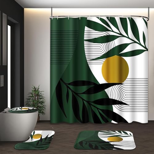 Boho Olive Green and Gold Shower Curtain Set with Toilet Lid Cover and Non-Slip Rugs, Mid Century Modern Abstract Minimalist Leaves Neutral 4 Pcs Shower Curtain for Bathroom Set with 12 Hooks - color: Rustic Green