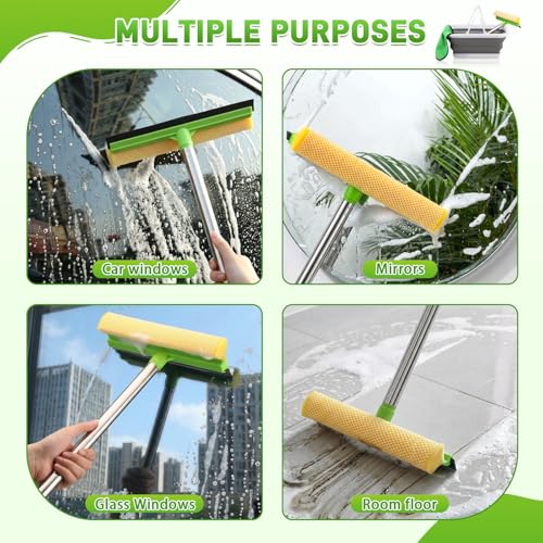 7 Pcs Windshield Car Squeegee and Collapsible Washing Bucket Combo Set 2 in 1 Squeegee Window Cleaner with Long Handle Car Interior Glass Cleaning Tool Reusable Pads Towel Spray Bottle