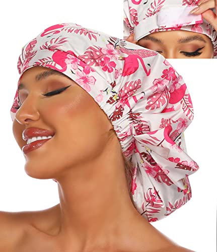 HIUMI Shower Cap for Women, Large Shower Cap for Long Hair Cute Reusable Shower Caps Waterproof Bath Cap(Pink) - color: pink