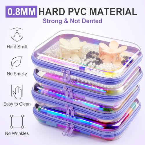 Hoolerry 4 Pcs Hard Clear Zipper Case Makeup Bags Plastic Zipper Pouch Transparent Storage Box Containers for Cosmetics, Snacks, Building Blocks, Puzzles(Clear,9.8 x 7.9 x 2 in,Purple Laser) - color: Purple Laser, size: 9.8 x 7.9 x 2 in