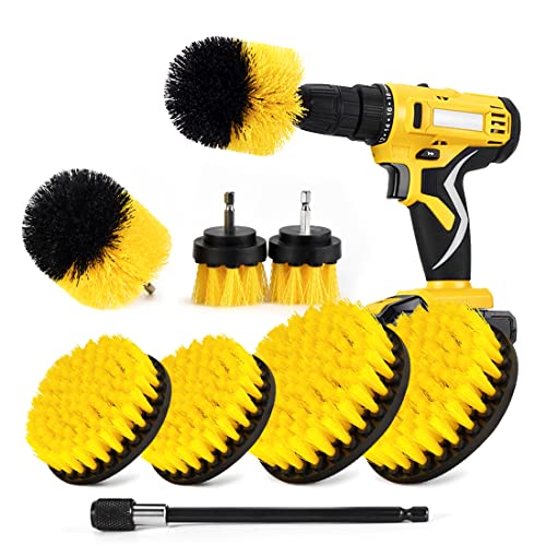 Drill Brush Attachment Set, Power Scrub Brush for Cleaning, All Purpose Scrubber Brushes with Extended Attachment for Bathroom Kitchen Surface, Grout, Tub, Shower, Tile, Corners, Car-Yellow