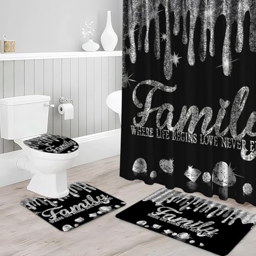 Black and Whit Shower Curtain Bathroom Sets Bling Diamond Family Shower Curtain with Toilet Lid Cover and Non-Slip Rugs 4Pcs, Luxury Shiny Silver Curtains for Bath Laundry Restroom Home Decorations - color: Family