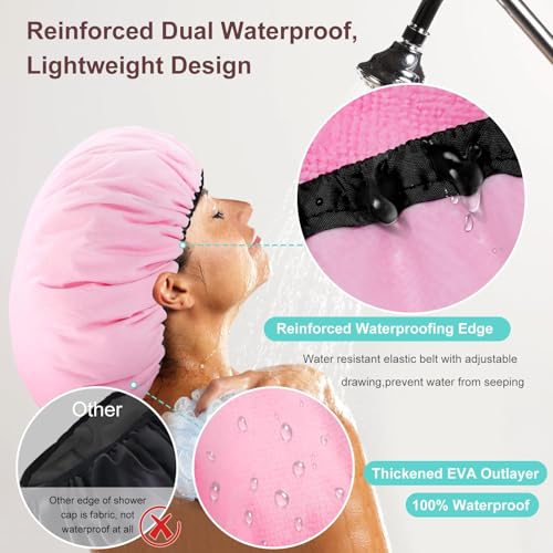 Sheomern 2 Pcs 15" XL Extra Large Terry Lined Shower Cap, Adjustable Dual Waterproof Shower Cap for Women Reusable Soft Hair Cap Bath Cap for Long Braids, Thick Hair, Locs, Curly Hair - color: Pink+Green, size: X-Large
