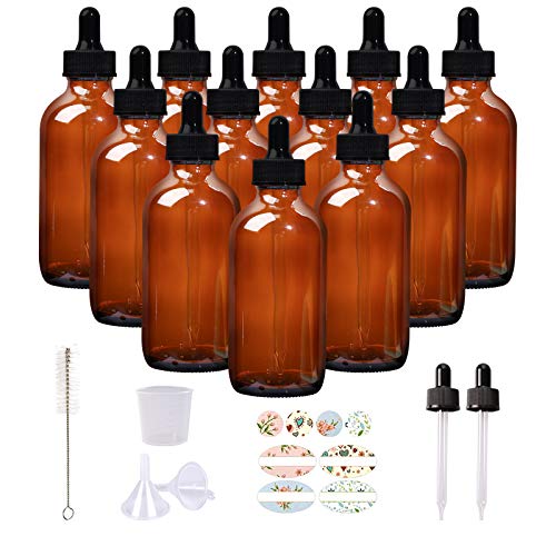 12 Pack 4oz Amber Glass Bottles with Glass Eye Droppers for Essential Oils, Perfumes & Lab Chemicals (1 Brush, 2 Funnels, 2 Extra Droppers, 24 Pieces Labels & 30ml Measuring Cup Included) - color: Amber