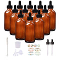 12 Pack 4oz Amber Glass Bottles with Glass Eye Droppers for Essential Oils, Perfumes & Lab Chemicals (1 Brush, 2 Funnels, 2 Extra Droppers, 24 Pieces Labels & 30ml Measuring Cup Included) - color: Amber