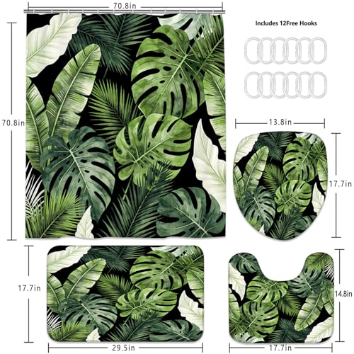 LQCOOL 4Pcs Black Green Shower Curtain Set, Modern Minimalist Bathroom Sets, Abstract Botanical Bathroom Sets with Shower Curtain and Rugs, Tropical Palm Leaves Shower Curtain with 12 Hooks - color: Balck Green