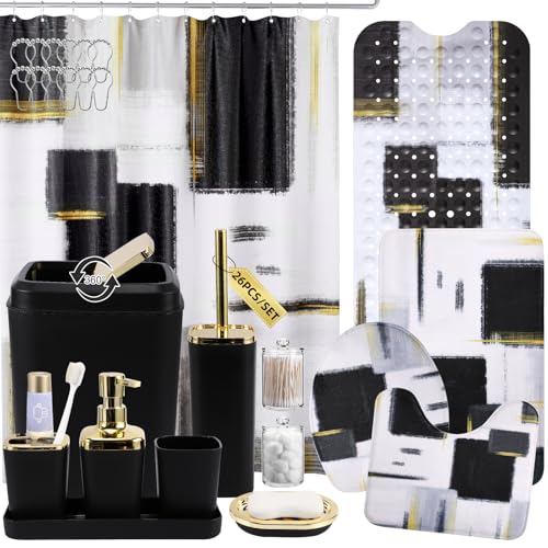 XLHOMO Bathroom Accessories Set - 26PCS Black Bathroom Set, Bathroom Accessory Set with Shower Curtain and Rugs and Bathtub Mats for Home - color: Plaid Black & Gold, size: Complete Set+Bath Rugs+Bathtub Mat
