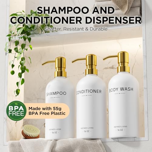Shampoo and Conditioner Dispenser Set,3 Refillable 16oz Bottles with Stainless Steel Pumps – Shower Soap Dispensers for Bathroom, Hotel or Airbnb (Gold, 3-Pack) - color: Gold