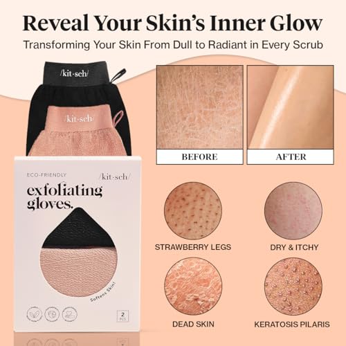 Kitsch Exfoliating Gloves 2pc – Korean Exfoliating Mitt & Deep Exfoliating Body Scrubber for Shower, Bath | Body Exfoliator, Dead Skin Remover | Skin Care for Smooth, Renewed Skin - Black & Terracotta - color: Black & Terracotta, size: 1 Count (Pack of 2)