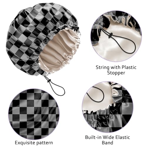 Luxury Shower Cap Silk Satin Lined Waterproof Reusable Adjustable Elastic Dry Hair Bathing Caps Cute for Women Girls-Black Grey Checkered - color: C-17-Black Grey Checkered