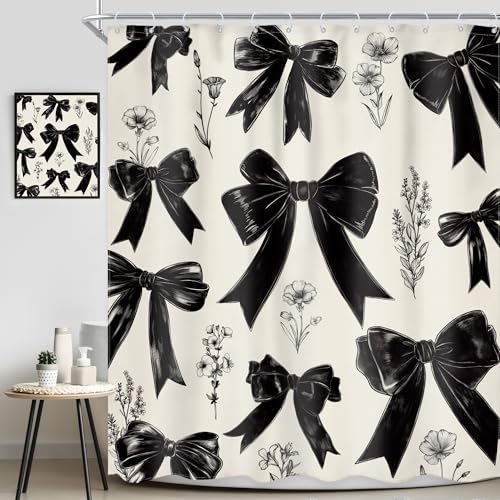 Black Bow Shower Curtain 72Wx72L Inch Girls Coquette Retro Vintage Bowknot Floral Wildflower Girly Fashion Elegant Plant Bathroom Set Aesthetic Bath Curtain Bathtub Accessories Home Decor - color: A 01black, size: 72"W x 72"L (Pack of 1)