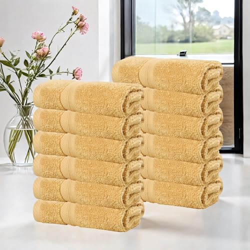 Superior Cotton Face Towel/Washcloth Set, Daily Use, Bathroom, Guest Room, Resort, Spa, Facial, Home Essentials, Soft Plush Absorbent Small Towels, Zero Twist, Smart Dry Collection, Set of 12, Gold - color: Gold, size: 12PC Face Towel