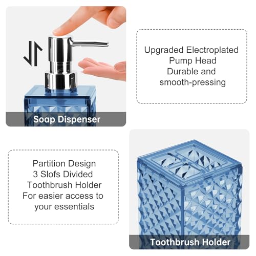 Blue Bathroom Accessories Set 2 PCS, Navy Blue Bathroom Accessories Include Soap Dispenser and Toothbrush Holder, Diamond Pattern Bathroom Set for Boho Bathroom Decor - color: Blue