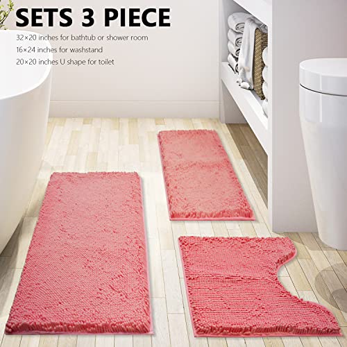 Bathroom Rugs Chenille 3-Piece Extra Soft and Absorbent Shag Bathroom Rugs, Machine Wash Mat, Strong PVC Non-Slip Underside, Plush Carpet Mats (Pink) - color: Pink, size: 2'8" x 1'8" (16x24"+20x32"+20x20"U shape）
