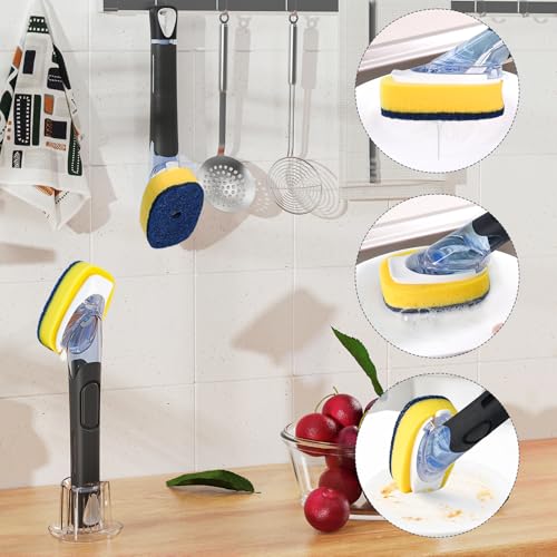 Dish Brush with Soap Dispenser Storage Set with 2 PCS Sponge Refills & Holder, Soap Dispensing Dish Brushes, Sponge with Soap Dispenser Handle, Dish Sponges with Handle for Dishes Pans Pots Sink - color: Black