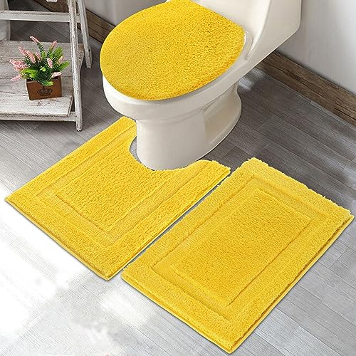 SHACOS 3 Piece Bath Rugs Set with Toilet Lid Cover Soft Absorbent | 16"x24" Small Bath Mats U Shape Contour Rug Toilet Cover Set Non Slip Machine Washable Plush Bathroom Rug(Yellow) - color: Yellow, size: 16"x24"+U-Shape 20"x24"+Lid Cover 19"x21"