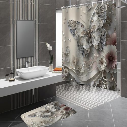 DDQQ 4Pcs Shower Curtain Sets, Gray Butterfly Bathroom Curtains Shower Set, Bathroom Decor Sets, Shower Curtain for Bathroom with Rugs, Toilet Lid Cover, Bath Mat and 12 Hooks, 71 x 71 Inches - color: Grey