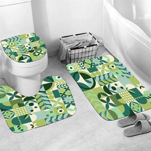 Chrainy 4Pcs Geometric Grid Shower Curtain Sets for Bathroom and Toilet Green Checkered Modern Bathroom Decor Sets with Shower Curtain and Rugs,Accessories Bath Mat,U Shape and Toilet Lid Cover - color: Green