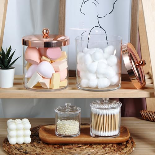 SheeChung 3-Pack Plastic Apothecary Jars with Rose Gold Metal Lids - Large 50oz, 25oz & 15oz Acrylic Storage Set - Shatterproof Laundry Room & Bathroom Organizer - Modern Minimalist Chic Decor - color: Rose Gold, size: 50 oz & 25 oz & 15 oz