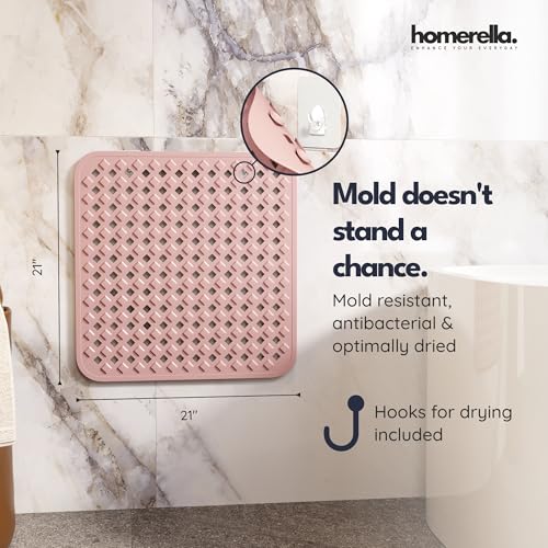 homerella® Shower Mat Non Slip Anti Mold, Non Slip Shower Mats for Inside Shower Stall Anti Slip Mat, Square Shower Floor Mat 21 x 21 in with Suction Cups & Hooks for Quick Drying, Machine Washable - color: Rose